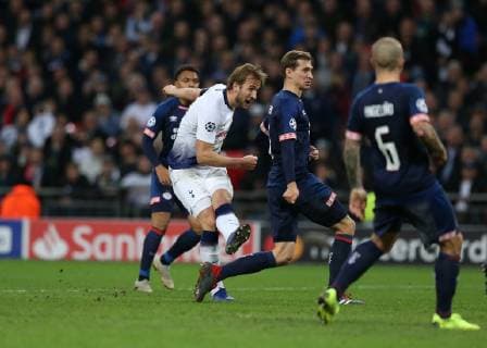 6th November 2018, Wembley Stadium, London England; UEFA Champions League football, Tottenham Hotspur versus PSV Eindhoven; Harry Kane of Tottenham Hotspur shoots and scores his sides 1st goal in the 77th minute to make it 1-1  ActionPlus12076924 JohnxPatrickxFletcher