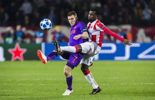 6th November 2018, Rajko Mitic Stadium, Belgrade, Serbia; UEFA Champions League football, Red Star Belgrade versus Liverpool; James Milner of Liverpool challenged by El Fardou Ben Nabouhane of Red Star Belgrade  ActionPlus12077011 NikolaxKrstic