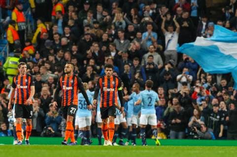 Sergii Kryvtsov, Maycon and Taison of FC Shakhtar Donetsk look dejected after Gabriel Jesus of Man City scores from the spot to make it 2-0 during the UEFA Champions League group match between Manchester City and Shakhtar Donetsk at the Etihad Stadium, Manchester, England on 7 November 2018. Copyright: xPRiMExMediaxImagesx PMI-2381-0007