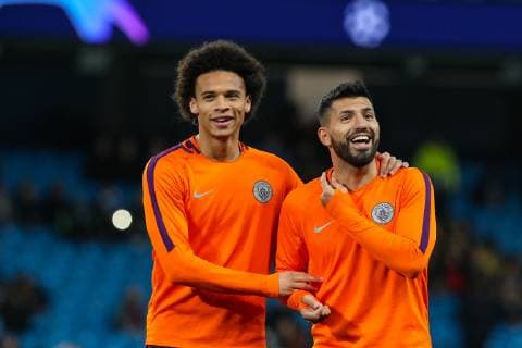 Leroy San? of Man City and Sergio Ag?ero of Man City joke around before the UEFA Champions League group match between Manchester City and Shakhtar Donetsk at the Etihad Stadium, Manchester, England on 7 November 2018. Copyright: xPRiMExMediaxImagesx PMI-2381-0012