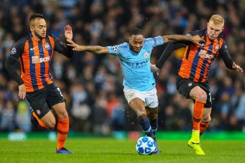 Raheem Sterling of Man City gets past Maycon and Viktor Kovalenko of FC Shakhtar Donetsk before scoring during the UEFA Champions League group match between Manchester City and Shakhtar Donetsk at the Etihad Stadium, Manchester, England on 7 November 2018. Copyright: xPRiMExMediaxImagesx PMI-2381-0015