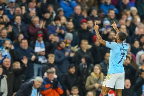 Raheem Sterling of Man City celebrates scoring the third goal of the game infant of Man City fans during the UEFA Champions League group match between Manchester City and Shakhtar Donetsk at the Etihad Stadium, Manchester, England on 7 November 2018. Copyright: xPRiMExMediaxImagesx PMI-2381-0016