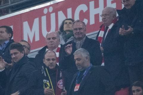 07.11.2018, xkvx, Fussball UEFA Champions League, FC Bayern Muenchen - AEK Athen emspor, v.l. Praesident Uli Hoeness (FC Bayern Muenchen), Karl-Heinz Rummenigge (FC Bayern Muenchen) jubeln feiern Jubel (DFL DFB REGULATIONS PROHIBIT ANY USE OF PHOTOGRAPHS as IMAGE SEQUENCES and or QUASI-VIDEO) Muenchen