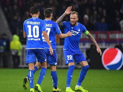07.11.2018, xmeix, Fussball UEFA Champions League, Olympique Lyon - TSG 1899 Hoffenheim, emspor, v.l. Jubel zum Anschlusstreffer zum 2:1 für Hoffenheim durch Andrej Kramaric (TSG 1899 Hoffenheim) mit Kevin Vogt (TSG 1899 Hoffenheim) und Kerem Demirbay (TSG 1899 Hoffenheim) DFL DFB REGULATIONS PROHIBIT ANY USE OF PHOTOGRAPHS as IMAGE SEQUENCES and or QUASI-VIDEO Lyon