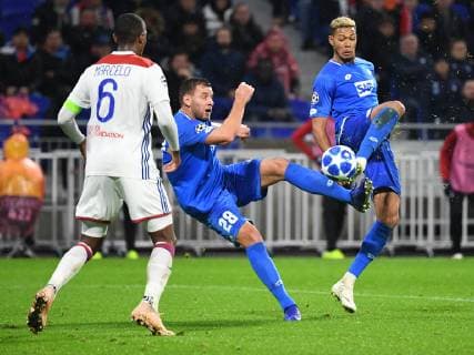 07.11.2018, xmeix, Fussball UEFA Champions League, Olympique Lyon - TSG 1899 Hoffenheim, emspor, v.l. Olympique Lyons Marcelo, Adam Szalai (TSG 1899 Hoffenheim), Joelinton (TSG 1899 Hoffenheim) DFL DFB REGULATIONS PROHIBIT ANY USE OF PHOTOGRAPHS as IMAGE SEQUENCES and or QUASI-VIDEO Lyon