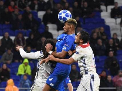07.11.2018, xmeix, Fussball UEFA Champions League, Olympique Lyon - TSG 1899 Hoffenheim, emspor, v.l. Olympique Lyons Jason Denayer und Olympique Lyons Rafael Da Silva gegen Joelinton (TSG 1899 Hoffenheim) und Andrej Kramaric (TSG 1899 Hoffenheim) DFL DFB REGULATIONS PROHIBIT ANY USE OF PHOTOGRAPHS as IMAGE SEQUENCES and or QUASI-VIDEO Lyon