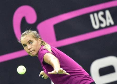 US tennis player Sofia Kenin in action during a training session prior to the final match of the Fed Cup between Czech Republic and USA, at the O2 arena in Prague, Czech Republic, on November 8, 2018. The final match will be held on November 10 and 11. (CTKxPhoto RomanxVondrous) CTKPhotoP201811080634701  vnd 11