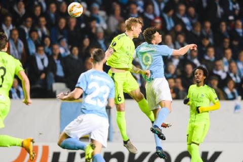 181108 Markus Rosenberg of Malmö FF and Joonas Tamm of Sarpsborg 08 during the Europa League group stage match between Malmö FF and Sarpsborg 08 on November 8, 2018 in Malmö. Photo: Petter Arvidson BILDBYRN kod PA 92149  Copyright: PETTERxARVIDSON BB181108PA030