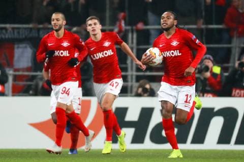 MOSCOW, RUSSIA - NOVEMBER 8, 2018: Spartak Moscow s Sofiane Hanni, Roman Zobnin, and Luiz Adriano (L-R) celebrate scoring in the 2018 19 UEFA Europa League Group G Round 4 football match against Rangers Glasgow at Otkrytie Arena. Sergei Fadeichev TASS  TS096BBB