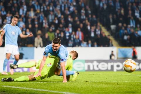 181108 Marcus Antonsson and Joonas Tamm of Sarpsborg 08 during the Europa League group stage match between Malmö FF and Sarpsborg 08 on November 8, 2018 in Malmö. Photo: Petter Arvidson BILDBYRN kod PA 92149  Copyright: PETTERxARVIDSON BB181108PA055
