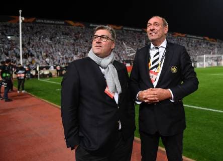 08.11.2018, xjhx, Fussball UEFA Europa League, Apollon Limassol - Eintracht Frankfurt emspor, v.l. Axel Hellmann (stellv. Vorstandsvorsitzender Vorstandsmitglied der Eintracht Frankfurt Fußball AG), Praesident Peter Fischer (Eintracht Frankfurt) (DFL DFB REGULATIONS PROHIBIT ANY USE OF PHOTOGRAPHS as IMAGE SEQUENCES and or QUASI-VIDEO) Limassol