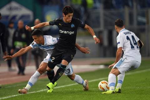 Luiz Felipe (L) and Riza Durmisi of Lazio and Hiroki Sakai of Marseille compete for the ball during the Uefa Europa League 2018 2019 football match between SS Lazio and Marseille at stadio Olimpico, Roma, November, 08, 2018 Foto Andrea Staccioli Insidefoto andreaxstaccioli