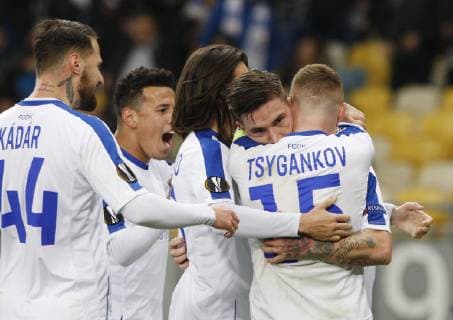 November 8, 2018 - Kiev, Ukraine - BENJAMIN VERBIC (2-R) of Dynamo celebrates with his team after scoring a goal action during the UEFA Europa League, second leg soccer match between Rennes and Dynamo Kyiv, at the Olimpiyskiy stadium in Kiev, Ukraine, on 08 November, 2018. Rennes vs Dynamo Kyiv, the UEFA Europa League soccer match - ZUMAg194 20181108_zap_g194_005 Copyright: xSergxGlovnyx