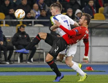 November 8, 2018 - Kiev, Ukraine - BENJAMIN VERBIC (L) of Dynamo and DAMIEN DA SILVA (R) of Rennes in action during the UEFA Europa League, second leg soccer match between Rennes and Dynamo Kyiv, at the Olimpiyskiy stadium in Kiev, Ukraine, on 08 November, 2018. Rennes vs Dynamo Kyiv, the UEFA Europa League soccer match - ZUMAg194 20181108_zap_g194_007 Copyright: xSergxGlovnyx