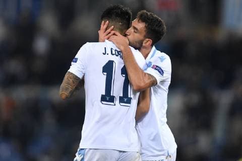 Joaquin Correa of Lazio celebrates with Danilo Cataldi of Lazio after scoring the second goal for his side during the Uefa Europa League 2018 2019 football match between SS Lazio and Marseille at stadio Olimpico, Roma, November, 08, 2018 Foto Andrea Staccioli Insidefoto andreaxstaccioli