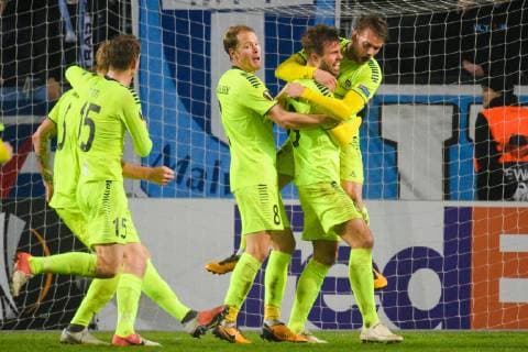 181108 Patrick Mortensen of Sarpsborg 08 celebrates with teammates after 0-1 during the Europa League group stage match between Malmö FF and Sarpsborg 08 on November 8, 2018 in Malmö.  Copyright: LUDVIGxTHUNMAN BB181108LT033