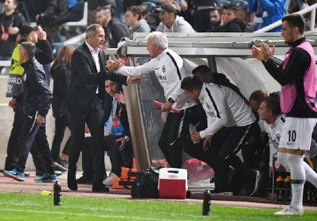 08.11.2018, xjhx, Fussball UEFA Europa League, Apollon Limassol - Eintracht Frankfurt emspor, v.l. Trainer Adolf Adi Huetter (Eintracht Frankfurt), Co Trainer Armin Reutershahn (Eintracht Frankfurt) jubeln jubelt nach Spielende. (DFL DFB REGULATIONS PROHIBIT ANY USE OF PHOTOGRAPHS as IMAGE SEQUENCES and or QUASI-VIDEO) Limassol