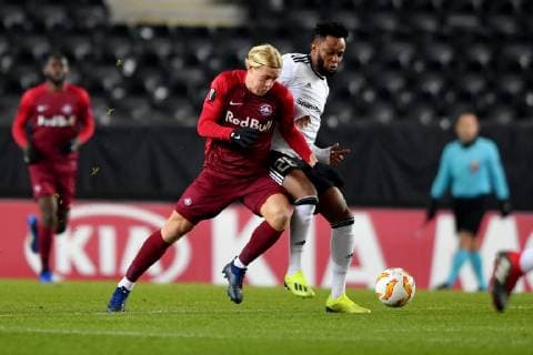 SOCCER - UEFA EL, Rosenborg vs RBS TRONDHEIM,NORWAY,08.NOV.18 - SOCCER - UEFA Europa League, group stage, Rosenborg BK vs Red Bull Salzburg. Image shows Xaver Schlager (RBS) and Samuel Adegbenro (Rosenborg). GEPAxpictures xFlorianxErtl