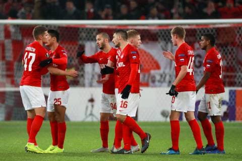 MOSCOW, RUSSIA - NOVEMBER 8, 2018: Spartak Moscow s players celebrate their victory in the 2018 19 UEFA Europa League Group G Round 4 football match against Rangers Glasgow at Otkrytie Arena. Spartak Moscow won the game 4-3. Sergei Fadeichev TASS  TS096BF4