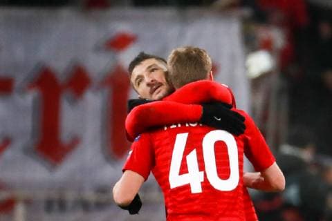 MOSCOW, RUSSIA - NOVEMBER 8, 2018: Spartak Moscow s Salvatore Bocchetti (L) and Artyom Timofeyev celebrate their victory in the 2018 19 UEFA Europa League Group G Round 4 football match against Rangers Glasgow at Otkrytie Arena. Spartak Moscow won the game 4-3. Sergei Fadeichev TASS  TS096BF5