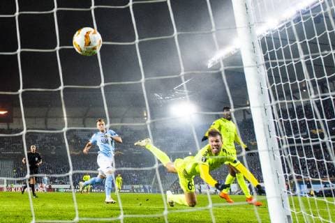 181108 Patrick Mortensen of Sarpsborg 08 scores the 0-1 goal during the Europa League group stage match between Malmö FF and Sarpsborg 08 on November 8, 2018 in Malmö. Photo: Petter Arvidson BILDBYRN kod PA 92149  Copyright: PETTERxARVIDSON BB181108PA121