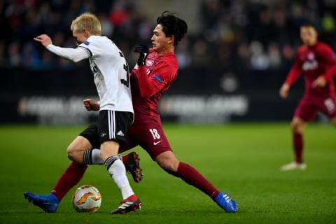 SOCCER - UEFA EL, Rosenborg vs RBS TRONDHEIM,NORWAY,08.NOV.18 - SOCCER - UEFA Europa League, group stage, Rosenborg BK vs Red Bull Salzburg. Image shows Birger Meling (Rosenborg) and Takumi Minamino (RBS). GEPAxpictures xFlorianxErtl