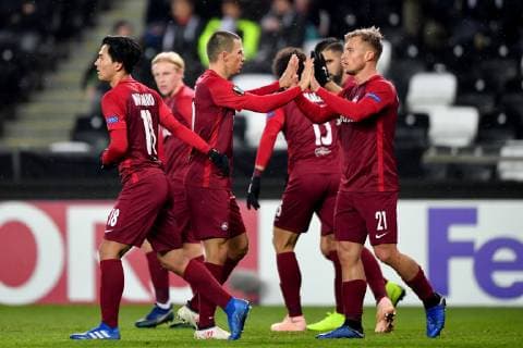 SOCCER - UEFA EL, Rosenborg vs RBS TRONDHEIM,NORWAY,08.NOV.18 - SOCCER - UEFA Europa League, group stage, Rosenborg BK vs Red Bull Salzburg. Image shows the rejoicing of Takumi Minamino, Stefan Lainer and Fredrik Gulbrandsen (RBS). GEPAxpictures xFlorianxErtl