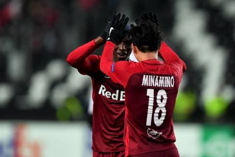 SOCCER - UEFA EL, Rosenborg vs RBS TRONDHEIM,NORWAY,08.NOV.18 - SOCCER - UEFA Europa League, group stage, Rosenborg BK vs Red Bull Salzburg. Image shows the rejoicing of Amadou Haidara and Takumi Minamino (RBS). GEPAxpictures xFlorianxErtl