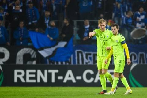 181108 Joonas Tamm and Joachim Thomassen of Sarpsborg 08 in a conversation during the Europa League group stage match between Malmö FF and Sarpsborg 08 on November 8, 2018 in Malmö. Photo: Petter Arvidson BILDBYRN kod PA 92149  Copyright: PETTERxARVIDSON BB181108PA159