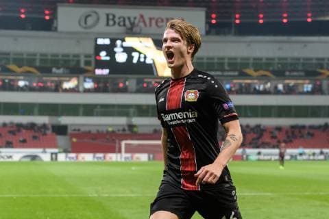 Bayer 04 Leverkusen vs FC Zuerich, Europa League Gruppenphase, 08.11.2018 Tin Jedvaj (Bayer 04 Leverkusen 16) beim Torjubel nach dem Treffer zum 1:0 beim Europa League Spiel zwischen Bayer 04 Leverkusen und FC Zürich am 08.11.2018, , Leverkusen NRW Deutschland BayArena