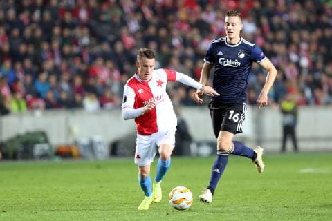 PRAGUE 08.11.2018 PILKA NOZNA FOOTBALL LIGA EUROPY - UEFA EUROPA LEAGUE SLAVIA PRAHA - FC COPENHAGEN NZ. JAN SYKORA (SLAVIA) JAN GREGUS (FC KOPENHAGA) FOT. MICHAL CHWIEDUK FOKUSMEDIA.COM.PL NEWSPIX.PL --- Newspix.pl  181108CHW068