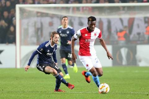 PRAGUE 08.11.2018 PILKA NOZNA FOOTBALL LIGA EUROPY - UEFA EUROPA LEAGUE SLAVIA PRAHA - FC COPENHAGEN NZ. RASMUS FALK JENSEN (FC KOPENHAGA) IBRAHIM TRAORE (SLAVIA) FOT. MICHAL CHWIEDUK FOKUSMEDIA.COM.PL NEWSPIX.PL --- Newspix.pl  181108CHW072