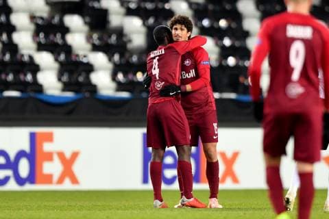 SOCCER - UEFA EL, Rosenborg vs RBS TRONDHEIM,NORWAY,08.NOV.18 - SOCCER - UEFA Europa League, group stage, Rosenborg BK vs Red Bull Salzburg. Image shows the rejoicing of Amadou Haidara and Andre Ramalho (RBS). GEPAxpictures xFlorianxErtl