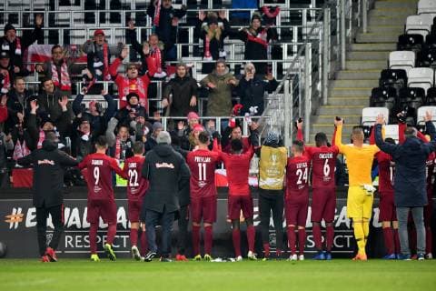 SOCCER - UEFA EL, Rosenborg vs RBS TRONDHEIM,NORWAY,08.NOV.18 - SOCCER - UEFA Europa League, group stage, Rosenborg BK vs Red Bull Salzburg. Image shows the rejoicing of RBS. GEPAxpictures xFlorianxErtl