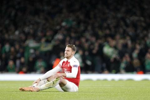 Aaron Ramsey of Arsenal winces during the UEFA Europa League Group Stage match between Arsenal and Sporting at the Emirates Stadium, London, England on 8 November 2018. Copyright: xCarltonxMyriex 21800059