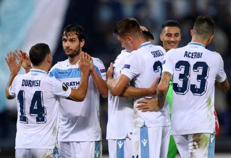 November 8, 2018 - Rome, Italy - SS Lazio v Olympique de Marseille : UEFA Europa League Group H.Marco Parolo of Lazio celebrates the qualification with the teammates at Olimpico Stadium in Rome, Italy on November 8, 2018. SS Lazio V Olympique De Marseille - UEFA Europa League Group H  - ZUMAn230 20181108_zaa_n230_379 Copyright: xMatteoxCiambellix