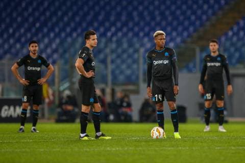Italy: Lazio vs Marseille - UEFA Europa League 8th November 2018, Stadio Olimpico, Rome, Italy; UEFA Europa League football, Lazio versus Marseille; Morgan Sanson, Florian Thauvin, Clinton Njie and Duje Caleta-Car dejected after Joaquin Correa of Lazio scored a goal for the 2-0 in the 55th minute . Rome Lazio Italy Stadio Olimpico  GiampieroxSpositox xPacificxPress