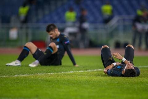 Sport Bilder des Tages Italy: Lazio vs Marseille - UEFA Europa League 8th November 2018, Stadio Olimpico, Rome, Italy; UEFA Europa League football, Lazio versus Marseille; Duje Caleta-Car and Hiroki Sakai of Marseille dejected after losing their match 2-1 . Rome Lazio Italy Stadio Olimpico  GiampieroxSpositox xPacificxPress