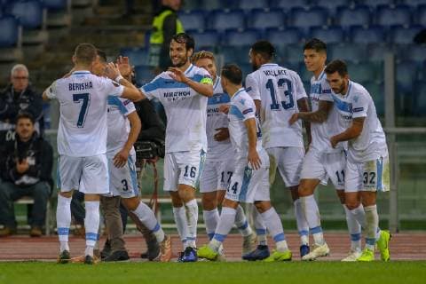 Italy: Lazio vs Marseille - UEFA Europa League 8th November 2018, Stadio Olimpico, Rome, Italy; UEFA Europa League football, Lazio versus Marseille; Marco Parolo of Lazio celebrates with his teammates after scoring a goal for the 1-0 in the 46th minute . Rome Lazio Italy Stadio Olimpico  GiampieroxSpositox xPacificxPress