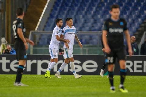 Italy: Lazio vs Marseille - UEFA Europa League 8th November 2018, Stadio Olimpico, Rome, Italy; UEFA Europa League football, Lazio versus Marseille; Joaquin Correa of Lazio celebrates after scoring a goal for the 2-0 in the 55th minute . Rome Lazio Italy Stadio Olimpico  GiampieroxSpositox xPacificxPress