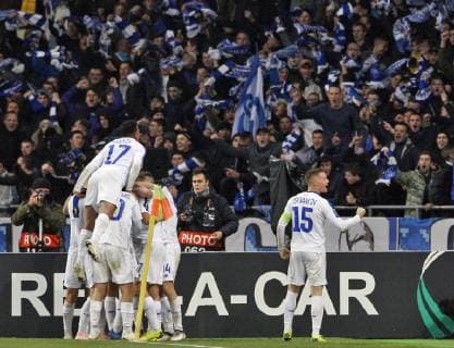 November 8, 2018 - Kiev, Ukraine - Players of Dynamo celebrate a goal during the UEFA Europa League, second leg soccer match between Rennes and Dynamo Kyiv, at the Olimpiyskiy stadium in Kiev, Ukraine, on 08 November, 2018. Dynamo won the match with Rennes with a score of 3: 1. Soccer 2018: Dynamo Kyiv 3:1 Stade Rennais, UEFA Europa League - ZUMAg194 20181108_zap_g194_016 Copyright: xSergxGlovnyx