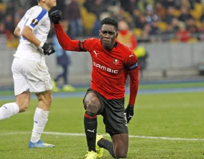 November 8, 2018 - Kiev, Ukraine - JAMES LEA SILIKI of Stade Rennais reacts during the UEFA Europa League, second leg soccer match between Rennes and Dynamo Kyiv, at the Olimpiyskiy stadium in Kiev, Ukraine, on 08 November, 2018. Dynamo won the match with Rennes with a score of 3: 1. Soccer 2018: Dynamo Kyiv 3:1 Stade Rennais, UEFA Europa League - ZUMAg194 20181108_zap_g194_018 Copyright: xSergxGlovnyx