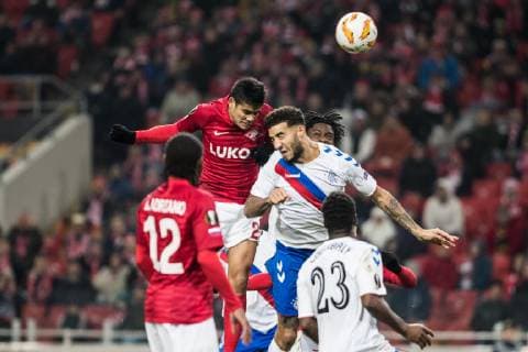(181109) -- MOSCOW, Nov. 9, 2018 -- Lorenzo Melgarejo (Top L) of Spartak Moskva vies the header during the Europa League Group G 4th round match between Spartak Moskva and Rangers in Moscow, Russia on Nov. 8, 2018. Spartak Moskva won 4-3. ) (SP)RUSSIA-MOSCOW-SOCCER-UEFA EUROPA LEAGUE-SPARTAK MOSKVA VS RANGERS WuxZhuang 