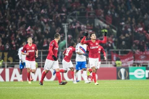 (181109) -- MOSCOW, Nov. 9, 2018 -- Lorenzo Melgarejo (1st R) of Spartak Moskva celebrates scoring during the Europa League Group G 4th round match between Spartak Moskva and Rangers in Moscow, Russia on Nov. 8, 2018. Spartak Moskva won 4-3. ) (SP)RUSSIA-MOSCOW-SOCCER-UEFA EUROPA LEAGUE-SPARTAK MOSKVA VS RANGERS WuxZhuang 
