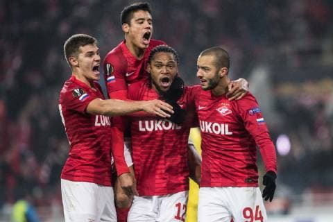 Sport Bilder des Tages (181109) -- MOSCOW, Nov. 9, 2018 -- Spartak Moskva s players celebrate the 4th goal by Sofiane Hanni (1st R) during the Europa League Group G 4th round match between Spartak Moskva and Rangers in Moscow, Russia on Nov. 8, 2018. Spartak Moskva won 4-3. ) (SP)RUSSIA-MOSCOW-SOCCER-UEFA EUROPA LEAGUE-SPARTAK MOSKVA VS RANGERS WuxZhuang 
