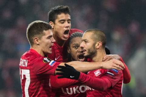(181109) -- MOSCOW, Nov. 9, 2018 -- Spartak Moskva s players celebrate the 4th goal by Sofiane Hanni (1st R) during the Europa League Group G 4th round match between Spartak Moskva and Rangers in Moscow, Russia on Nov. 8, 2018. Spartak Moskva won 4-3. ) (SP)RUSSIA-MOSCOW-SOCCER-UEFA EUROPA LEAGUE-SPARTAK MOSKVA VS RANGERS WuxZhuang 