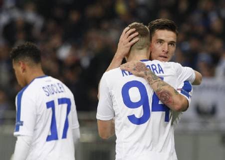 November 8, 2018 - Kiev, Kiev, Ukraine - Dynamo Kyiv s celebrate a goal of Benjamin Verbic (R) during the UEFA Europa League, Group K, football match FC Dynamo vs Stade Rennais FC at the Olympiyski Stadium in Kiev, Ukraine on November 8, 2018. Dynamo Kiev vs Stade Rennais, the UEFA Europa League in Kiev, Ukraine - 8 Nov 2018 - ZUMAs197 86572487st Copyright: xPavloxGoncharx