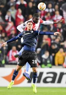 L-R PIEROS SOTIRIU (Copenhagen) and MICHAEL NGADEU (Slavia) in action during the European UEFA Europa League, Group C, match between SK Slavia Praha and FC Copenhagen, in Prague, Czech Republic, on November 8, 2018. (CTKxPhoto VitxSimanek) CTKPhotoP201811081225301  VIS 005