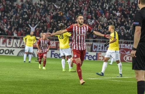 November 8, 2018 - Piraeus, Greece - Olympiakos Kostas Fortounis react after scoring during the UEFA Europa League soccer match between Olympiacos Piraeus and F91 Dudelange at the Karaiskakis Stadium in Piraeus, Greece, 08 November 2018. Olympiacos v F91 Dudelange - UEFA Europa League - Group F  - ZUMAn230 20181108_zaa_n230_596 Copyright: xDimitrisxLampropoulosx