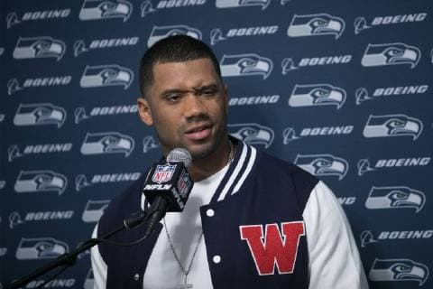 November 11, 2018 - Los Angeles, California, U.S - 3 Russell Wilson, QB of the Seattle Seahawks during a press conference PK Pressekonferenz after losing their game against the Los Angeles Rams on Sunday November 11, 2018 at the Los Angeles Coliseum in Los Angeles, California. Rams defeat Seahawks, 36-31. LA Rams vs.Seattle Seahawks - ZUMAp124 20181111_zaa_p124_032 Copyright: xJavierxRojasx